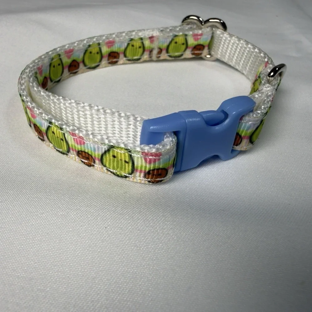 Mini Strawberries On White Handmade, Safety Cat Collar  Unisex  Blue Buckle